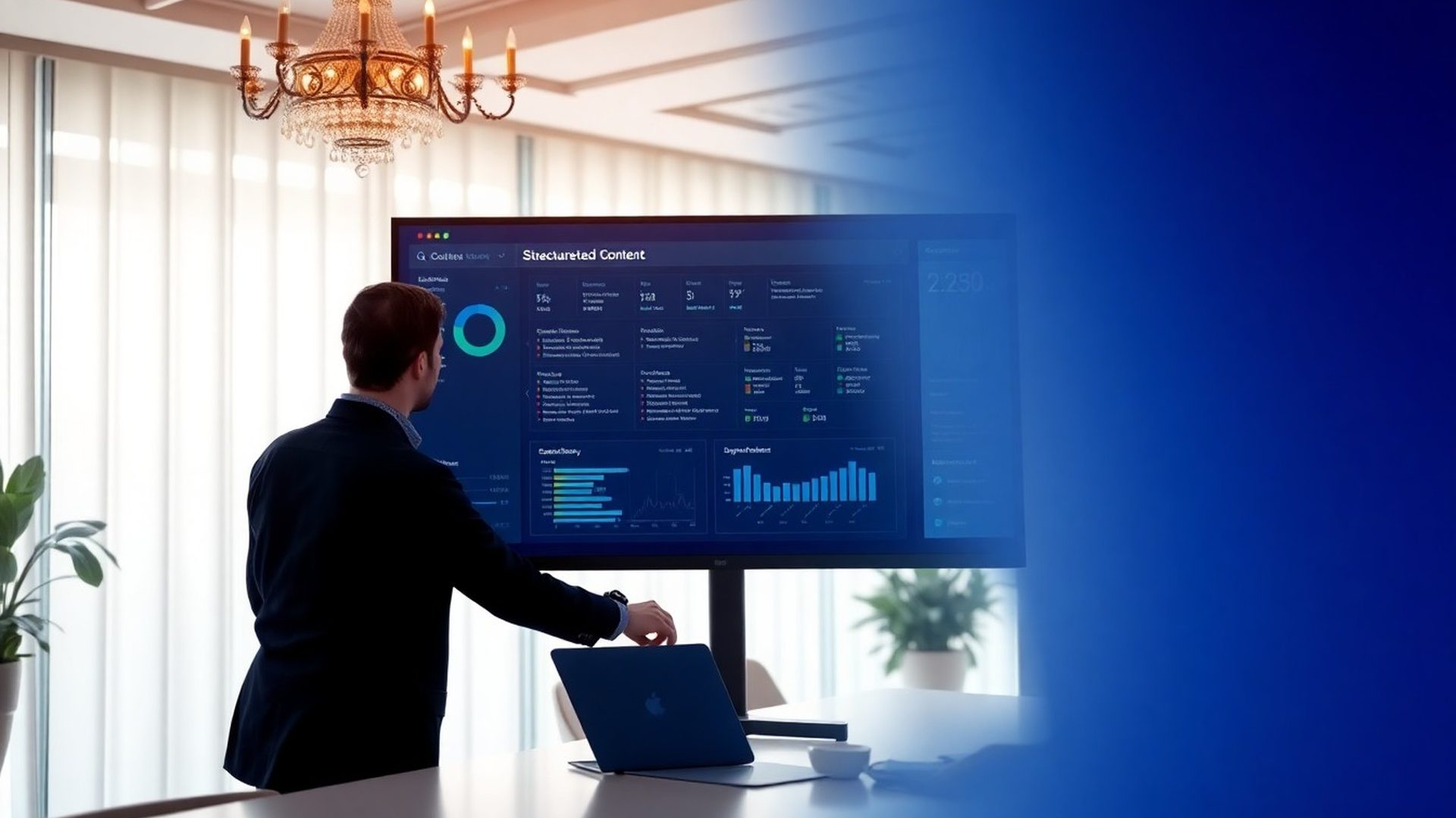 Redaktor pracuje na strukturovaném obsahovém dashboardu v moderní brněnské kanceláři